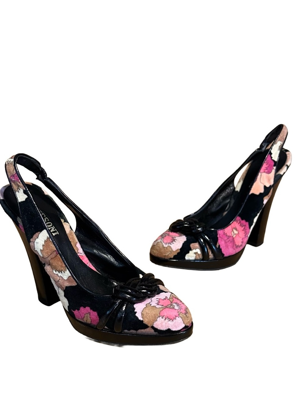 MISSONI BLACK & PINK VELVET FLORAL PRINT SLINGBACK HEELS (36.5)
